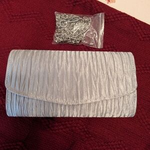 NWOT Silver/Gray Crepe Clutch